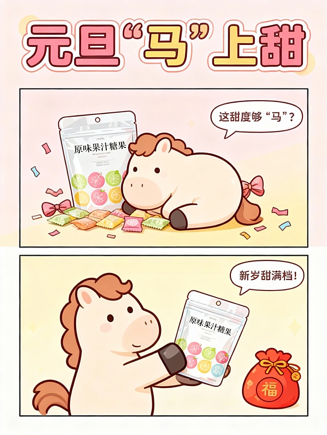 卡通风格插画，拟人小马萌趣互动，喜庆糖果与福袋点缀，漫画分镜展现元旦甜蜜氛围，融合可爱感与节日祝福。
