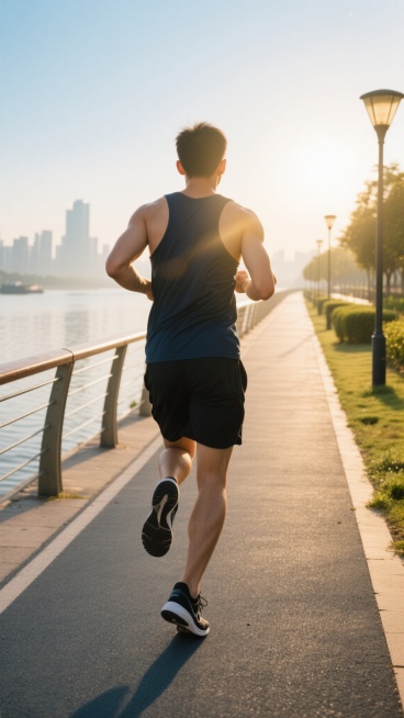 写实风格摄影，一名穿着深色运动背心和黑色短裤的男性正在奔跑的背影，肌肉线条分明，姿态充满动感与力量，跑鞋细节清晰可见，阳光从侧后方照射，在人物身上形成明亮的轮廓光和明显的阴影对比，画面整体色调温暖，以金色和蓝色为主，高清晰度，细腻的质感表现，将原有的乡村道路环境改为清晨的城市滨江步道，地面铺设平整的灰色塑胶跑道，道路一侧是波光粼粼的江面，另一侧是整齐的绿化带和路灯，远处可见城市的天际线和朦胧的……预览效果