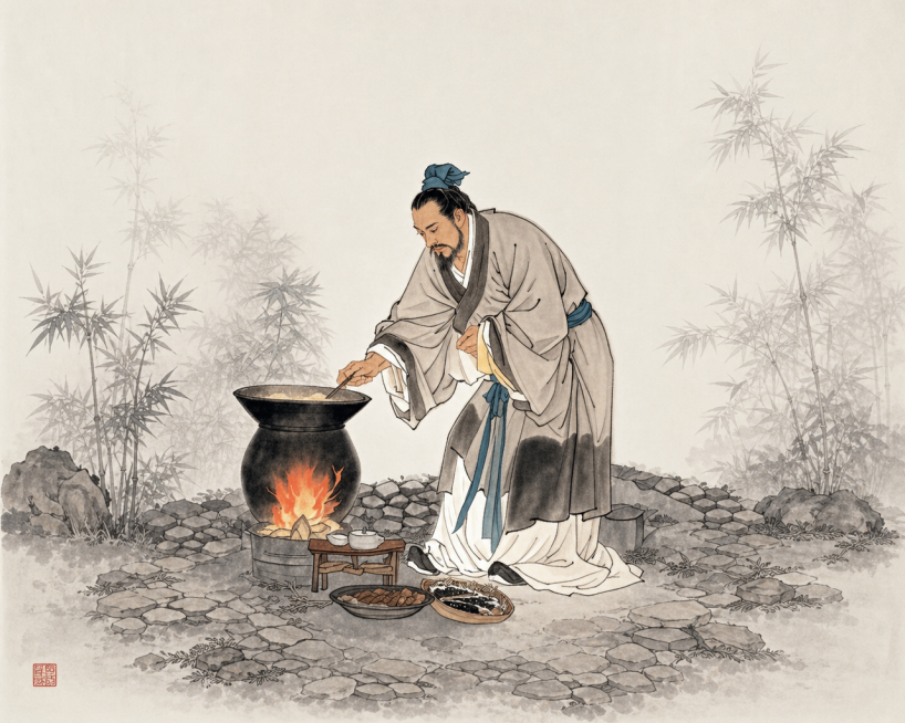 扩展图片宽度，让画面底部成为完整整体，保持原有的水墨国风风格和人物、煮药场景内容不变，扩展后画面风格统一协调预览效果