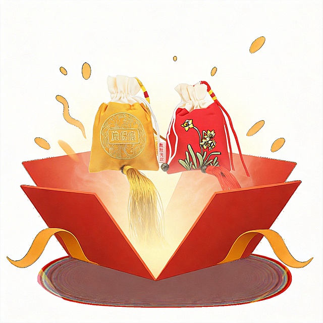 将图中的两个香囊添加到打开的红色礼盒中，从礼盒里冒出来，融合自然和谐，光影匹配