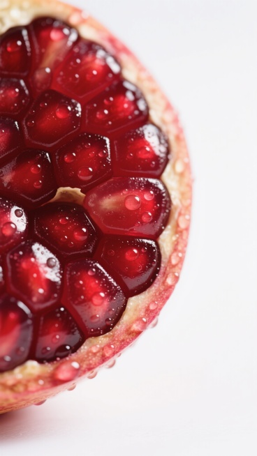 特写镜头下饱满多汁的石榴籽，色泽呈现从深红到明亮绯红的渐变，表面覆盖着晶莹剔透的水珠，水珠折射出柔和的光泽，凸显石榴籽紧实而富有弹性的果肉纹理。背景为纯净的白色，营造出清新、简约、高对比度的视觉效果，光线从上方柔和均匀地洒下，在石榴籽边缘形成细微的高光和自然的阴影过渡，整体画面干净利落，充满新鲜水果的水润质感和健康活力，无任何文字或装饰元素干扰主体。预览效果