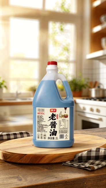 重新生成图片，竖版构图，进一步突出老酱油产品主体，瓶子占据画面核心位置，摆放在木质砧板上，背景厨房虚化处理，清晰展示产品标签细节，适配9:16竖屏展示预览效果