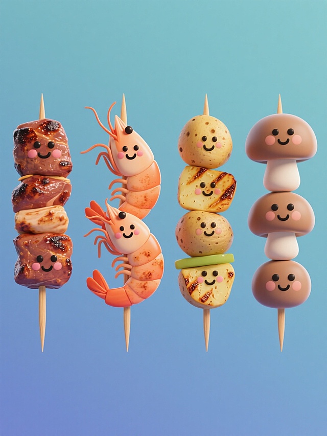 纯色背景，软3D风格，画面整体色彩变换，四个不同元素内容的烤串系列素材集合规整排布，从左到右依次是：一串烤肉，肉质呈现诱人的烤焦色泽，带有可爱的笑脸表情，串在木签上；一串烤虾，虾的造型生动，同样带着笑脸，虾壳烤制得略带焦黄；一串烤土豆，土豆块大小均匀，表面有烤制的纹理和笑脸；一串烤蘑菇，蘑菇形态饱满，烤制后呈现出独特的色泽，也带着可爱的笑脸。整体设计风格统一，每个烤串都具有圆润的软3D质感，色彩鲜明且协调，营造出活泼可爱的氛围，视觉层级清晰，信息传达高效。