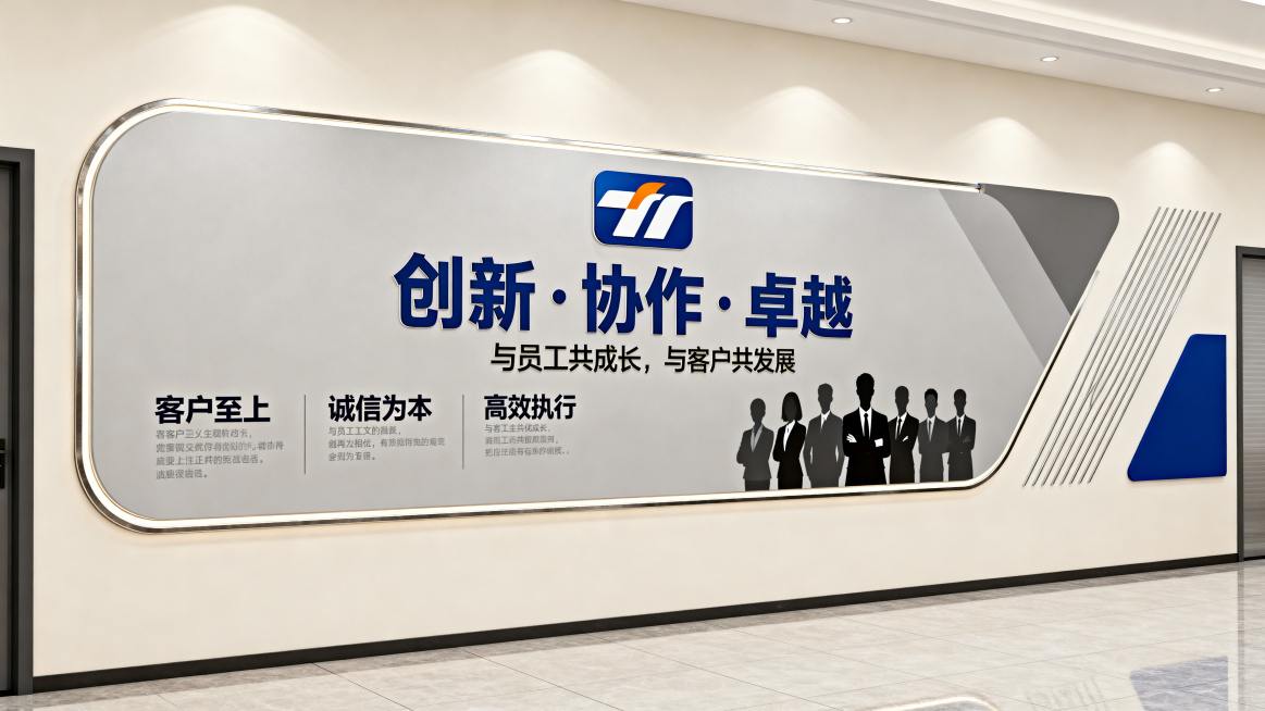 设计一款现代简约风格的企业文化宣传文化墙，整体简洁大气，布局清晰有序，包含企业文化标语展示区域，设计感强，适合办公室墙面装饰预览效果