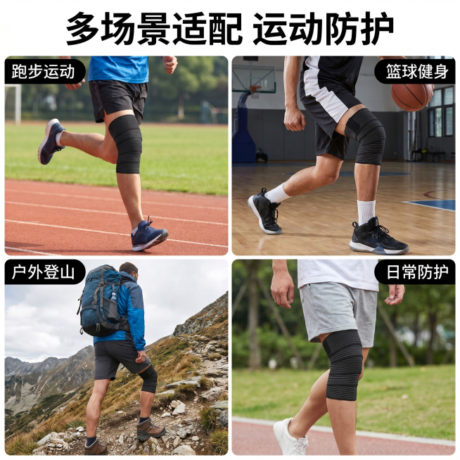[主图 4] 缠绕护膝多场景适用展示，四宫格场景布局；[氛围风格] 真实运动场景展示；[画质] 商业摄影质感、光线自然、产品清晰真实、画面干净高级；[元素] 四宫格展示四个适用场景：跑步运动、篮球健身预览效果