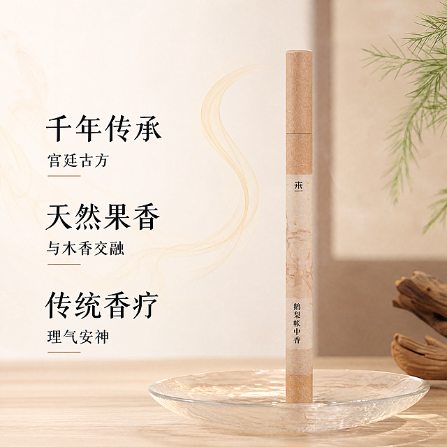 [主图-2] 鹅梨帐中香香氛特点展示主图。
[氛围风格] 新中式简约风，通透氛围感。
[画质] 商业摄影质感，光线柔和通透，产品清晰真实，画面干净高级。
[元素] 鹅梨帐中香线香筒位于画面中心偏右，左侧开放式留白用于文字展示，用淡金色薄雾表现缓缓飘散的香韵，背景搭配浅木色桌面+透明玻璃承盘，保留产品原外观细节与色彩不变，产品整体自然呈现，无遮挡变形。商品主体占比约60%。
[光影] 顶侧柔光，突出产品纸质肌理与纸张质感，香雾半透明轻盈感，整体干净通透。
[配色] 主色调浅原木色，辅色米白、淡金，整体素雅干净。
[视角构图] 平视正面，主体突出，左侧预留文字空间，构图舒朗透气。
[文字版式] 左侧垂直排列卖点：
千年传承宫廷古方
天然果香与木香交融
传统香疗理气安神
文字左对齐，黑色字体大小对比分明，主卖点字号更大更粗，辅助说明字号缩小，不遮挡产品主体。
[比例分辨率] 1:1 比例，4k 分辨率，文字清晰可辨，超高清。
[负向提示词] 变形，水印，文字错乱，产品模糊，背景杂乱。
