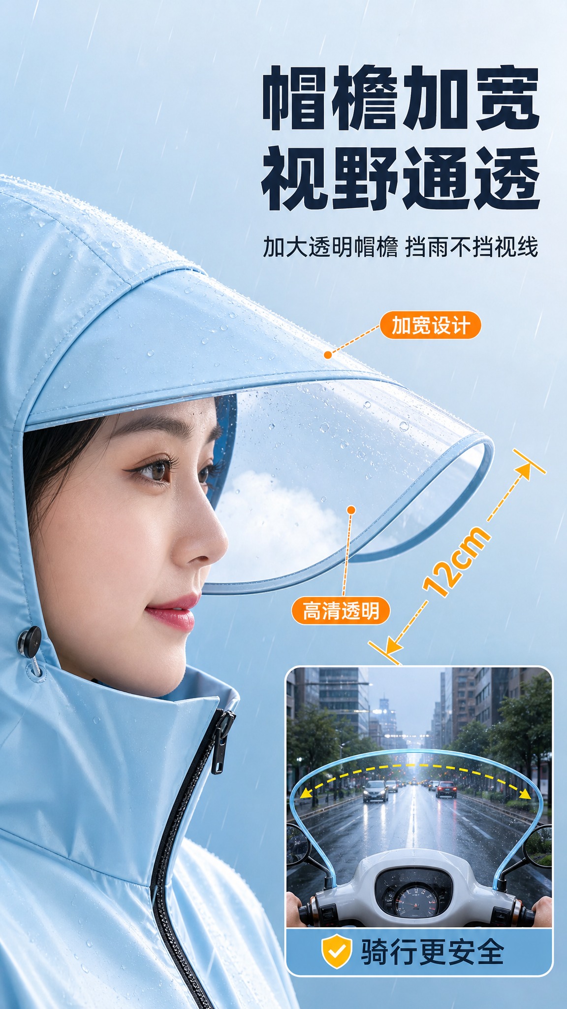 [商品] 使用【图1】浅蓝色电动车带袖雨衣帽檐部位；保留帽檐加… - 图片创意预览