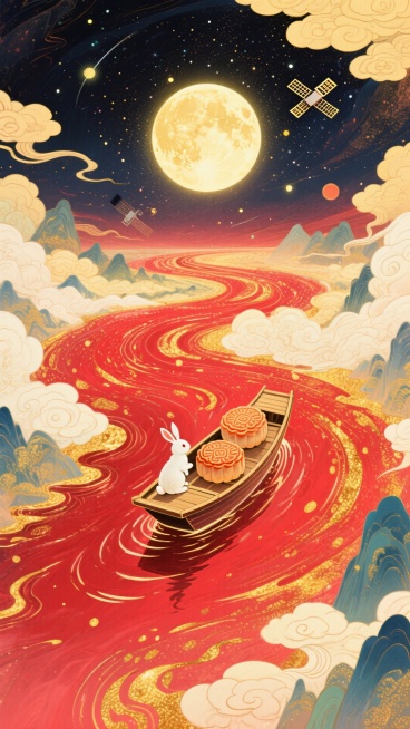 梦幻奇幻风格插画，全景，小船（漂浮在红金色河流上，船上有玉兔和两个月饼 ）居画底部，星空漩涡从小船向四周扩散成漩涡状星空（红金色交织） ，中央巨大的发光满月，卫星，超现实的星空河流世界，梦幻感，色彩以预览效果