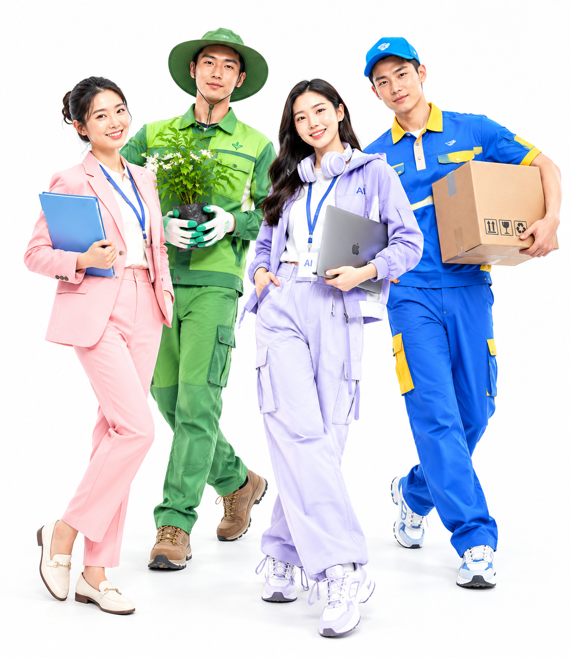 基于原图四人职业设定，重新设计：衣服颜色缤纷鲜艳，避免深沉暗色… - 图片创意预览