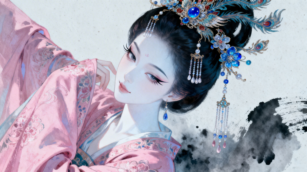 国风重彩插画，厚涂技法，OC渲染32K极致超清画质，光滑细腻质感。唐朝美少女半身特写，冷白皮光滑透亮，容颜清丽，气质温柔羞涩，眼睛狭长眼尾上挑，长睫毛。佩戴精致垂坠凤冠，镶嵌珠宝、琉璃珠花，流苏珠饰灵预览效果