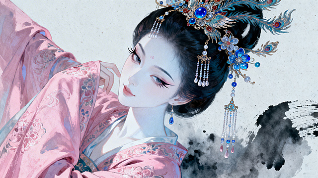 工笔风细腻描绘古典美人，水墨晕染背景衬托中式优雅，水彩质感衣袂飘逸，浮雕式头饰闪耀梦幻光泽，尽显唯美感与东方韵味。