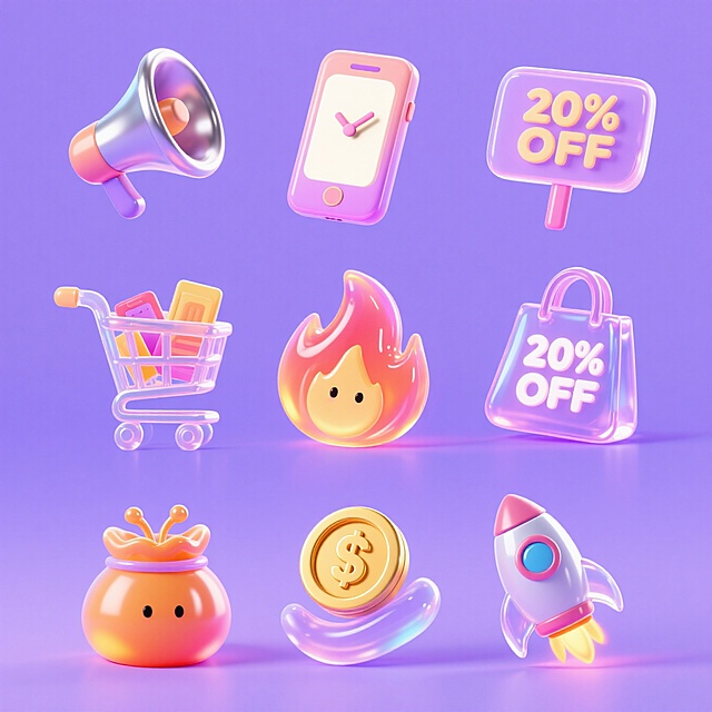 9个Q版图标（元素独立区域）：喇叭，闹钟，手机，购物推车，火焰，购物袋，金币，标记“20% OFF”的牌子，火箭，撞色，淡紫色背景