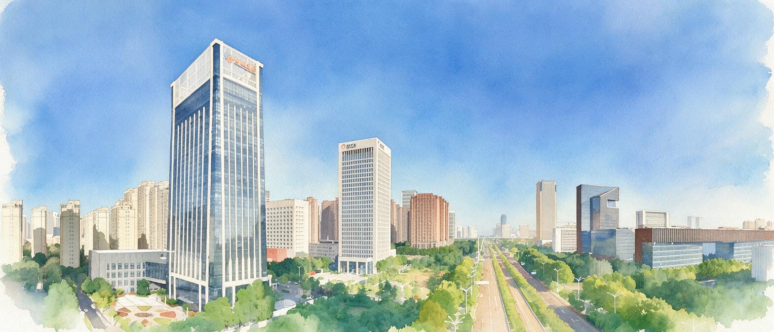 将参考图整体水彩化重绘，提取最具识别度的公司大楼主体轮廓、城市… - 图片创意预览