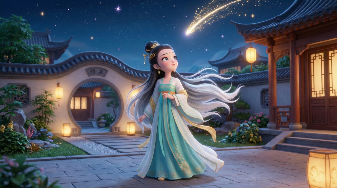 妇人立于院中，青丝缓慢变为华发（毛发渐变自然，每根发丝运动带跟随性）预览效果