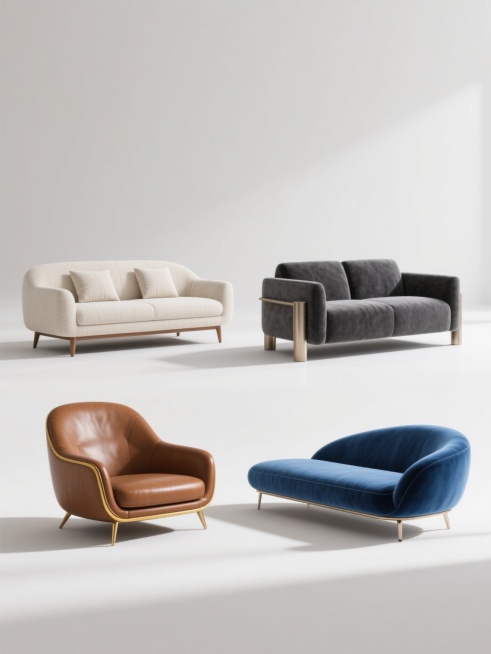 一张高品质家具产品展示海报，白色简约背景，上下两行对齐排列共4个不同设计的沙发。第一行左侧是米白色亚麻布艺三人沙发，带有两个方形靠垫，实木细腿；第一行右侧是深灰色绒布双人沙发，低矮扶手，金属圆柱形支撑脚。第二行左侧是焦糖色皮革单人沙发椅，弧形靠背，黄铜包边装饰；第二行右侧是天蓝色丝绒贵妃榻，流线型设计，带金属支架。所有沙发均采用3D渲染效果，表面有细腻的材质纹理和柔和光影，高光处有轻微反光，阴……预览效果