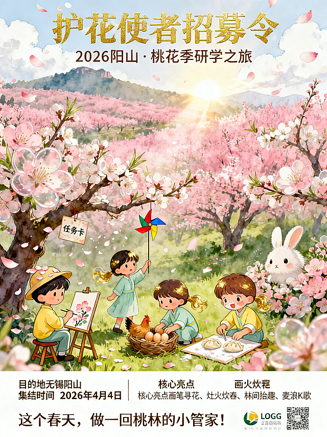 研学海报设计，整体风格为唯美水彩风搭配童趣卡通形象，色调以粉白为主，辅以清新嫩绿和温暖鹅黄，营造春日暖阳桃花纷飞的梦幻感。画面远景是漫山粉色桃花林，隐约可见阳山轮廓，天空飘着白云，阳光透过花瓣洒下柔和光晕；中景是一棵开满繁花的老桃树，树枝挂着"任务卡"和彩色小风车；前景桃树下，2-3个小朋友坐在小马扎上用画板画桃花，两个小朋友踮脚从鸡窝捡鸡蛋，还有小朋友在包饺子脸上沾着面粉，一只毛茸茸小白兔躲在桃花丛中探出脑袋。海报顶端黄金位置放置主标题"护花使者招募令"，副标题"2026 阳山·桃花季研学之旅"，中下部留白放置活动信息：目的地无锡阳山，集结时间2026年4月4日，核心亮点画笔寻花、灶火炊春、林间拾趣、麦浪K歌、草地联盟，底部放置标语"这个春天，做一回桃林的小管家！"并预留LOGO和二维码位置。逆光光线，桃花边缘半透明，孩子们发丝镀上金边，飘落着花瓣雨，落在小朋友帽子和画纸上，大面积粉白色桃花搭配绿色草地，孩子们穿着鹅黄淡蓝草绿的鲜艳春装，采用上下构图，上方三分之二是桃花和孩子，下方三分之一留白用于放置文字信息，画面整体唯美充满童趣，保留足够文字排版区域。