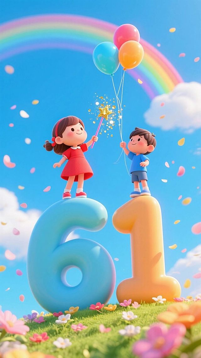 立体的"6"与"1"拔地而起，红衣小女孩踮脚站在"6"字顶端，挥舞着缀满金粉的魔法棒，蓝衫小男孩稳稳立于"1"字之上，将彩虹色气球抛向云端。背景是蓝天，有彩虹。漫天飘散的花瓣簇拥着数字，整个画面多彩活泼