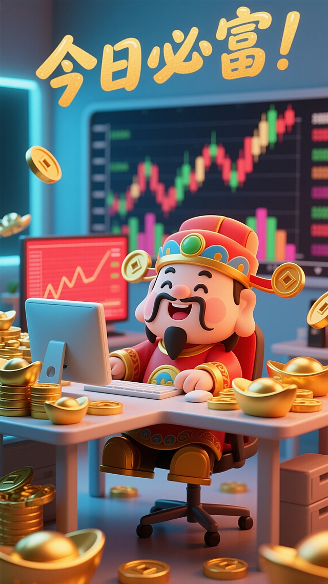 3D卡通风格，环境明亮，财神爷坐在电脑前，桌子上堆满了金元宝，电脑屏幕发出的红光照在财神脸上，背景是股票走势图，顶部有手写可爱金色文字“今日必富！”