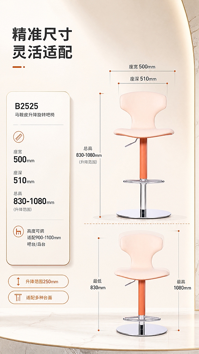[商品] 使用【图1】B2525马鞍皮升降旋转吧椅；保留浅米色马鞍皮坐垫靠背、橙色气杆、银色镜面不锈钢底座与脚踏、整体结构比例和造型；展示高度调节范围。
[画面] 目标：空间尺度页，清晰呈现尺寸与高度调节范围。构图：左文右图，左侧尺寸信息卡，右侧吧椅正视图+尺寸引线标注+高低双位置对比示意。产品占画面约55%。前中后景：前景吧椅主体+尺寸标注线，中景高低位置对比虚线，后景浅渐变干净背景。
[视觉] 套系策略：风格=现代轻奢高级商业摄影；标题字=现代无衬线粗体；正文字=简洁无衬线体；主色=暖米白；背景延展=基于暖米白做深浅层级、同色渐变和细腻石材/金属质感；强调色=暖橙色，仅用于小面积图标、引线和标签；标题色=深炭灰；正文色=中暖灰；组件=圆角浅底信息卡、细线引线、轻奢金属边框；光影=左前侧暖柔光，不锈钢镜面自然反光。
[文字] 左上主标题「精准尺寸 灵活适配」（8字）。尺寸标注：总高830-1080mm（升降范围），座宽500mm，座深510mm。下方说明文字：「高度可调 适配900-1100mm吧台/岛台」。底部2个标签：「升降范围250mm」「适配多种台面」。
[规格] 图片比例9:16竖版，4K分辨率，负向提示：避免变形、错字、文字过小、冷蓝/蓝灰背景、产品颜色改变、结构失真、模糊、水印、二维码。