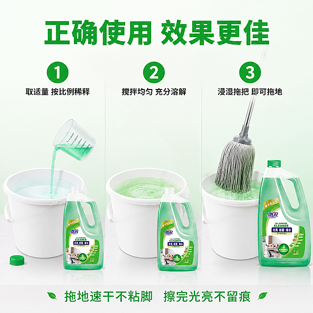 [主图-8] 激浪绿水清洁剂正确用量与稀释使用步骤图
[氛围风格] 清晰实用指南风，步骤明确，洁净可信，绿白配色统一
[画质] 商业摄影质感、步骤清晰、道具真实、光线干净明亮
[元素] 画面横向分为三个步骤区域，呈三步流程展示。第一步（左）：白色塑料水桶装半桶清水，激浪清洁剂瓶盖打开放在一旁，旁边有量杯正准备倒入绿色液体，体现"取适量"。第二步（中）：绿色清洁剂倒入水桶中，清水变成淡绿色，水面有轻微涟漪与气泡，体现"稀释溶解"。第三步（右）：拖把浸入桶中浸湿，然后提起沥干，桶旁放好激浪整瓶产品，体现"即可使用"。背景为纯净的浅绿到白色渐变，底部为浅色台面。每个步骤上方有编号圆圈。**保持产品外观（即物理结构、材质质感、颜色、标签图案）与输入产品图完全一致，杜绝任何变形和色差，精细化处理**。商品主体在每步中都有出现，第三步中最完整，占比约35%。
[光影] 正面均匀柔光，每个步骤区域光照一致；水桶与液体有通透高光，产品瓶身光影统一；整体明亮干净，步骤清晰可辨。
[配色] 主色清新绿 + 洁净白；辅色浅蓝（水）、透明质感
[视角构图] 横向三步并列构图，从左到右阅读顺序；每步有独立的道具组合，产品贯穿始终；视觉节奏均匀，信息层级清晰。
[文字版式] 顶部中央主标题"正确使用 效果更佳"绿色粗体大号字。每个步骤上方有圆形编号"1"、"2"、"3"，白字绿底圆。每个步骤下方有动作说明：第一步"取适量 按比例稀释"、第二步"搅拌均匀 充分溶解"、第三步"浸湿拖把 即可拖地"，黑色中号字。底部小字提示"拖地速干不粘脚 擦完光亮不留痕"绿色字。所有文字横排清晰可读。
[输出要求] 1:1比例，文字清晰锐利可辨，超高清商业摄影质感
[负向提示词] 变形，文字错乱，产品图模糊，背景杂乱，水印，电商平台Logo，多余的手，畸形手