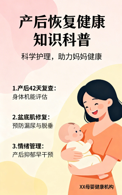 产后恢复健康知识科普海报，温馨柔和暖色调，简约干净的设计风格，适合母婴健康机构宣传，宽750像素高1200像素预览效果