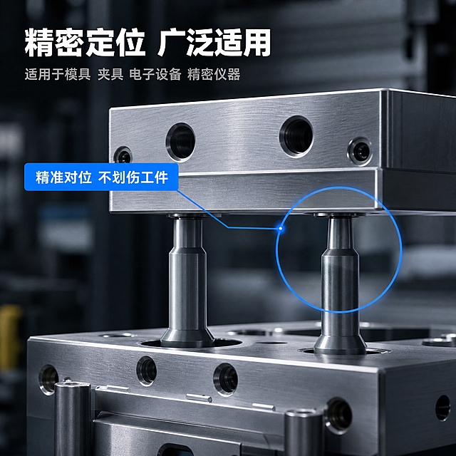 [主图-4] 氮化硅陶瓷定位销应用场景图，展示在工业精密设备中的使用状态。
[统一基调] 工业精密风格，深灰色工业设备背景虚化，主标题白色，强调色科技蓝，辅助文字浅灰色，无衬线粗体字体，整体专业工业风。
[画面] 画面主体展示氮化硅陶瓷定位销安装在精密金属模具/夹具上的使用场景：两块精密金属工件通过陶瓷定位销精准对位，定位销插入销孔中，露出尖头部分。金属工件为银灰色钢材质感，表面有精密加工纹理。背景是虚化的工厂设备环境，深灰色调。产品外观结构与参考图一致。画面有局部高亮圈出定位销的工作部位。
[光影质感] 工业场景摄影质感，冷色调工业照明，金属和陶瓷表面有真实反光，定位销与销孔的配合紧密自然，接触关系真实，无悬浮无穿模。背景虚化突出主体工作区域。
[配色] 整体冷灰色工业色调，金属银灰，陶瓷深灰，高亮圈和标签科技蓝色，文字白色。
[文字版式] 画面左上角主标题「精密定位 广泛适用」，白色粗体无衬线；主标题下方小字「适用于模具 夹具 电子设备 精密仪器」，浅灰色；高亮圈旁有蓝色标签「精准对位 不划伤工件」。文字不遮挡核心产品。
[输出要求] 750×750像素正方形，产品安装关系真实自然，场景专业，文字清晰，无水印无平台logo。负向：模糊、变形、穿模、悬浮、错字、杂乱、水印、人物面部。