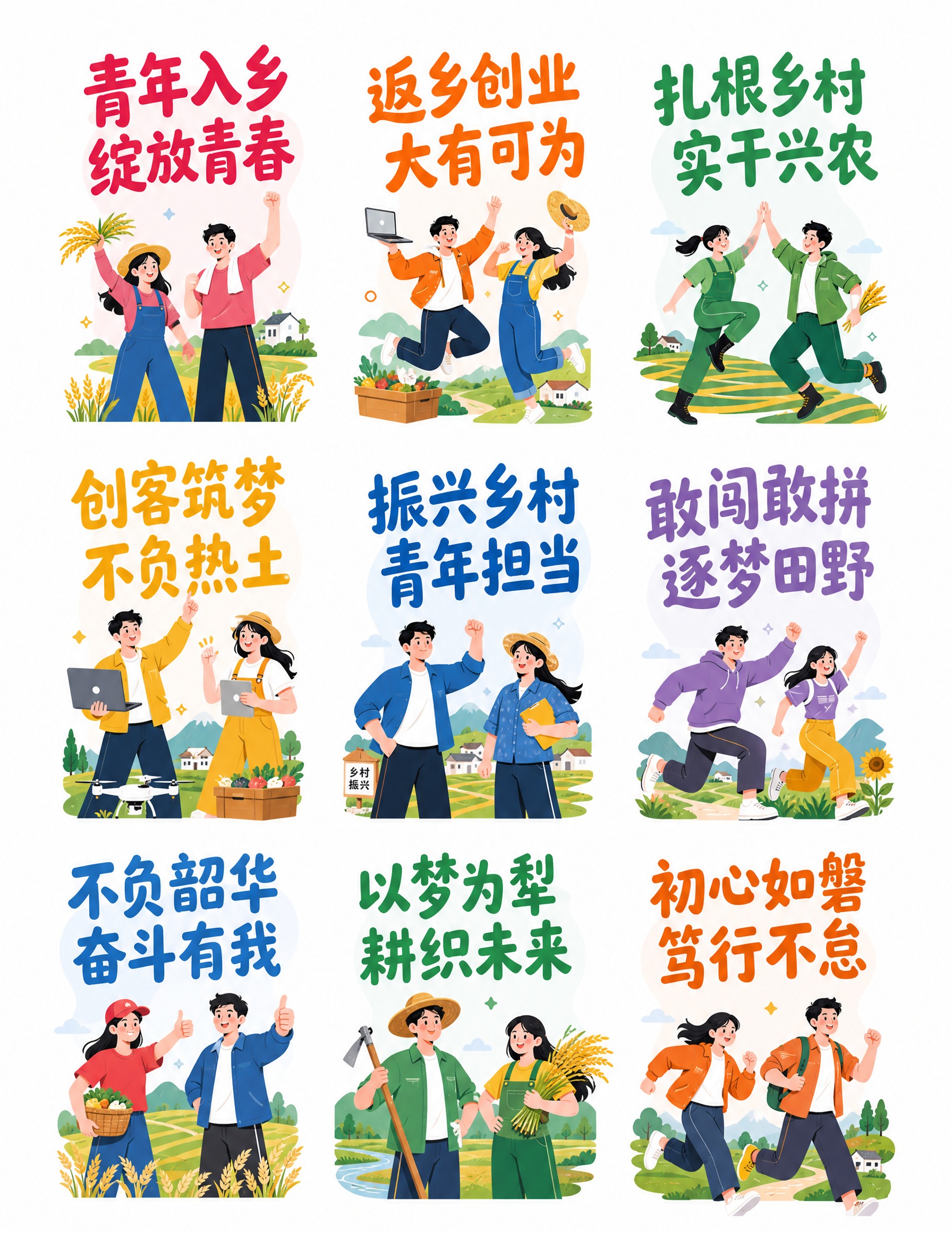 基于参考图的版式骨架和扁平插画风格，将全部9组口号文字替换为青… - 图片创意预览