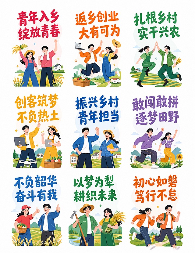 基于参考图的版式骨架和扁平插画风格，将全部9组口号文字替换为青年入乡农村创业创客主题的励志口号，保持3行3列九宫格布局，每组配2位活力青年人物插画。

具体修改内容：
第一行三组（从左到右）：
1. 第一组：上句"青年入乡"，下句"绽放青春"
2. 第二组：上句"返乡创业"，下句"大有可为"
3. 第三组：上句"扎根乡村"，下句"实干兴农"

第二行三组（从左到右）：
4. 第四组：上句"创客筑梦"，下句"不负热土"
5. 第五组：上句"振兴乡村"，下句"青年担当"
6. 第六组：上句"敢闯敢拼"，下句"逐梦田野"

第三行三组（从左到右）：
7. 第七组：上句"不负韶华"，下句"奋斗有我"
8. 第八组：上句"以梦为犁"，下句"耕织未来"
9. 第九组：上句"初心如磐"，下句"笃行不怠"

视觉要求：
- 保持参考图的扁平插画风格，人物青春活力，动作积极向上（跳跃、欢呼、击掌、奔跑等）
- 色彩明快温暖，融入乡村田园元素（稻穗、田野、青山轻点缀）
- 每组口号文字清晰醒目，字号大，字体粗，颜色与背景对比强烈，确保打印后清晰可读不模糊
- 白色干净背景，每组独立成块，间距均匀
- 全部文字必须准确无误，不得错字漏字
- 超高清画质，2K以上分辨率，适合打印输出