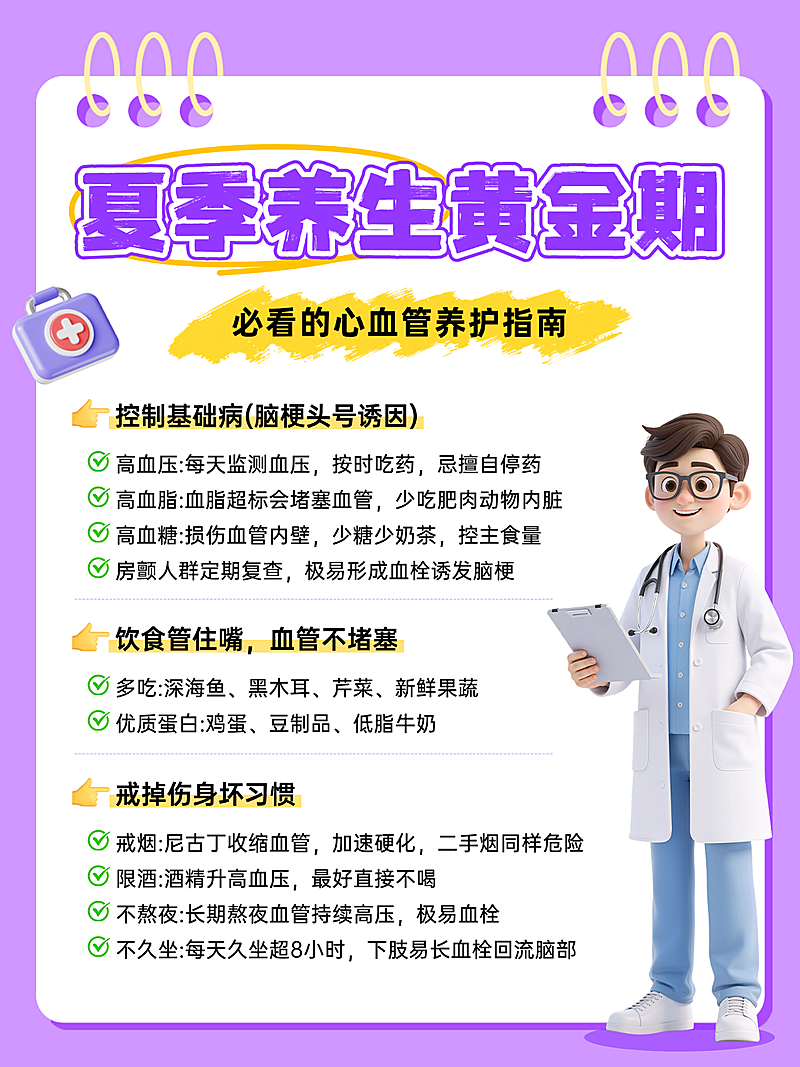 紫色3D手绘风大健康行业夏季养生指南小红书配图封面海报