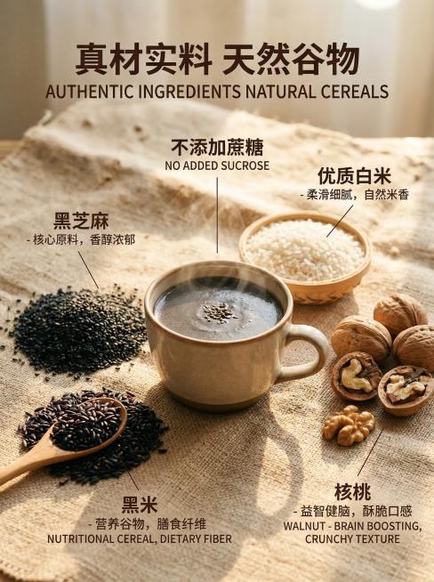 [主图主题] 维氏黑芝麻糊核心原料卖点详情页
[氛围/风格] 天然健康风格，自然暖阳逆光，质感真实
[画面元素] 中心摆放一杯冲好的黑芝麻糊，周围环绕展示核心原材料黑芝麻、黑米、白米、核桃，每种原料清预览效果