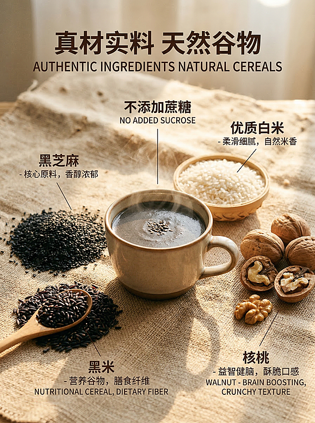 [主图主题] 维氏黑芝麻糊核心原料卖点详情页
[氛围/风格] 天然健康风格，自然暖阳逆光，质感真实
[画面元素] 中心摆放一杯冲好的黑芝麻糊，周围环绕展示核心原材料黑芝麻、黑米、白米、核桃，每种原料清晰摆放，阳光从侧后方打出通透轮廓，凸显食材新鲜质感，背景为原生态粗麻布，整体自然质朴，背景铺满全屏无边框
[配色色系] 主色调：麻本色（背景）；辅助色：深棕（黑芝麻）、浅棕（核桃）、米白（白米）
[文字版式] 顶部主标题 "真材实料 天然谷物"，每个原料旁标注对应名称卖点：不添加蔗糖 黑芝麻 黑米 优质白米 核桃，使用纤细引线连接，字体深棕色，排版清晰，突出优质原料卖点
[比例分辨率] 3:4 比例 2k 分辨率