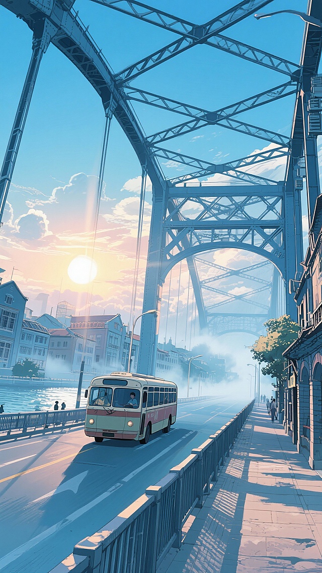 二次元写实民国，90年代上海街道，云，雾气，日出太阳，桥上，深青色，浅蓝色，氛围感大气一点，细节丰富，元素多样，构图大全景，9:16,不要人物，生成2张