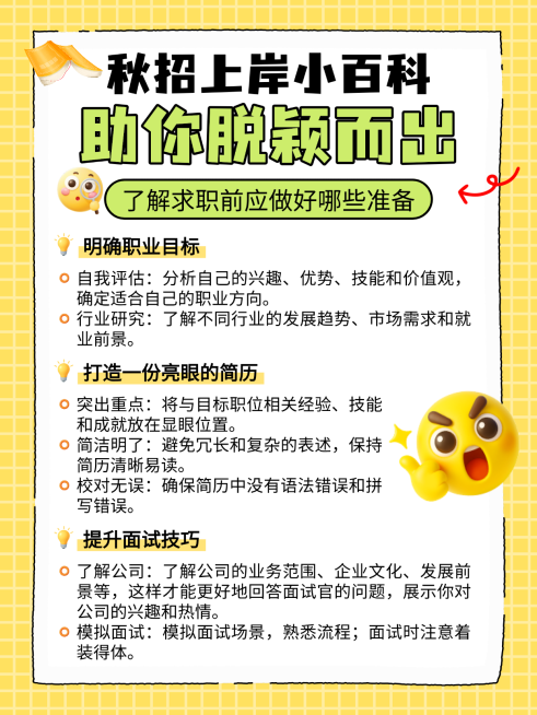 黄色卡通秋招上岸小百科知识分享小红书配图预览效果