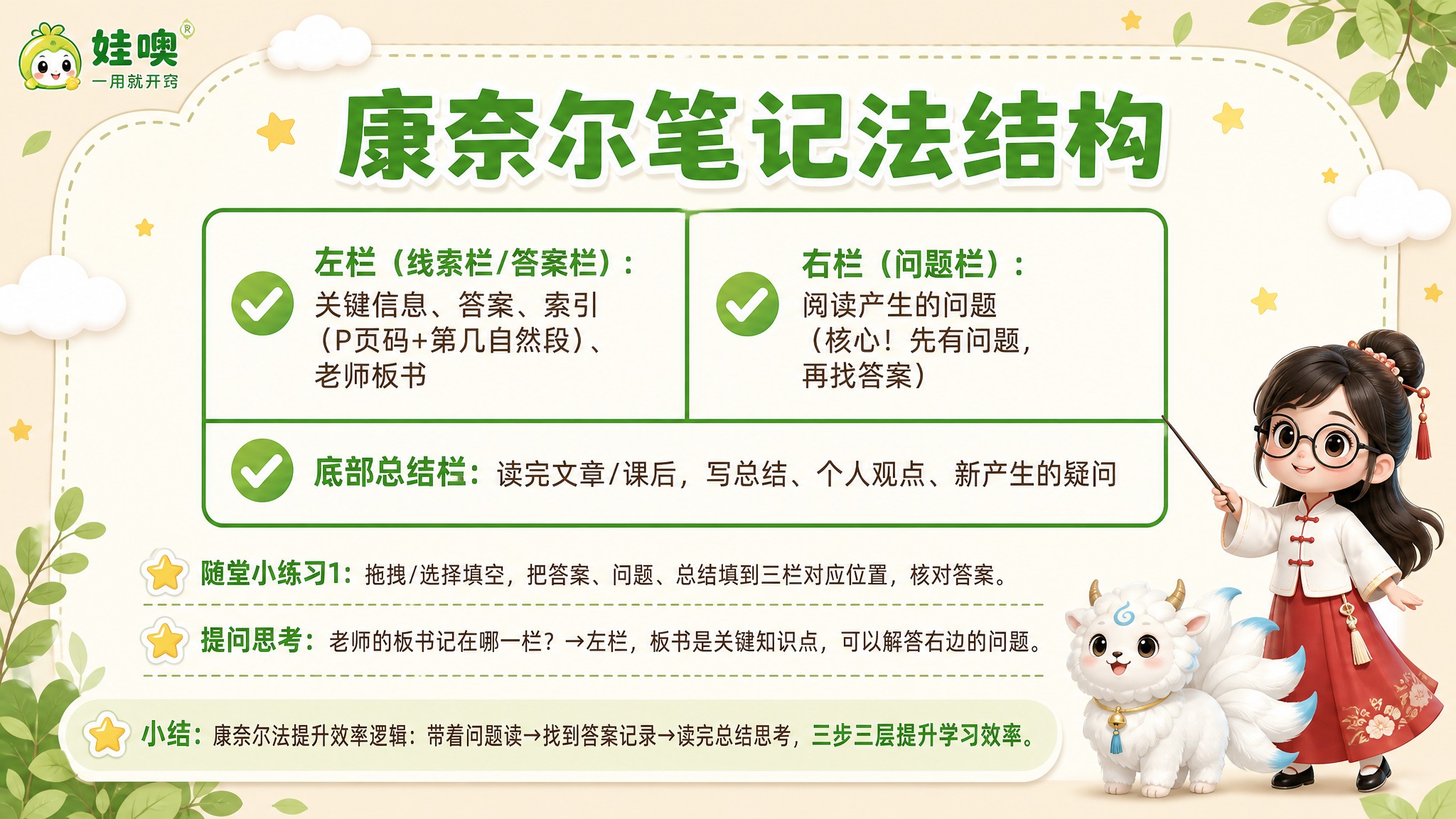 A4横版儿童教育PPT页面，清新杏色和绿色可爱风格，与之前模板… - 图片创意预览