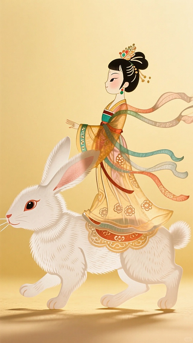 白色的毛绒绒的兔子，驮着一个嫦娥装扮的迷你的Q版小女孩（坐在上面），干净的浅黄色背景