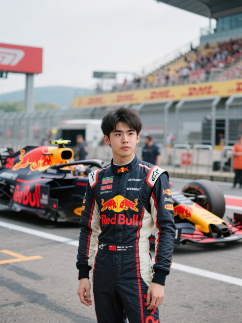 人物穿上赛车服，站在赛道围场，背景是F1赛车  红牛F1预览效果