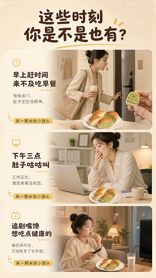 [商品] 使用【图7】手拿小馒头场景、【图5】小馒头摆盘；保留小馒头造型、颜色、绿白螺旋纹理；商品处理：还原小馒头绵密质感，自然真实，不改变产品结构。
[画面] 零食痛点场景屏，目标引发日常场景共鸣。上下分三段式痛点场景竖拼：上段-早晨赶时间上班族匆匆出门配文案，中段-下午办公室犯困饿肚子配文案，下段-追剧嘴馋想吃点什么配文案；每段配对应生活化场景+小馒头产品植入，产品在每段占比约30%，痛点文字醒目；背景统一暖米色调，用分割线区隔。
[视觉] 套系策略：风格=温暖治愈日系食品商业摄影；标题字=圆润手写体粗字；正文字=简洁圆体无衬线；主色=奶白米杏；背景延展=基于奶白米杏做深浅层级、同色渐变和细腻纸张/木纹质感；强调色=暖姜黄，仅用于小面积图标、引线和标签底衬；标题色=深棕褐；正文色=中暖灰；组件=圆角浅底信息卡、细线引线、小图标点缀；光影=左前侧暖柔光，柔和阴影。
[文字] 顶部大标题"这些时刻 你是不是也有？"，三段分别配短句痛点文案："早上赶时间 来不及吃早餐"、"下午三点 肚子咕咕叫"、"追剧嘴馋 想吃点健康的"，每段右下角小字"来一颗米惦小馒头"；文字全部横向排版。
[规格] 图片比例9:16竖版，4K分辨率，避免变形、错字、文字过小、冷蓝背景、产品失真。