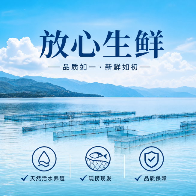 [主图-5] 品质保障服务承诺图
[氛围风格] 可信可靠高品质生鲜氛围
[画质] 商业摄影质感、光线明亮通透、画面清晰真实、高级干净
[元素] 以原图干净湖面为基底，整体保持湖区景观的清澈清新感，网箱预览效果