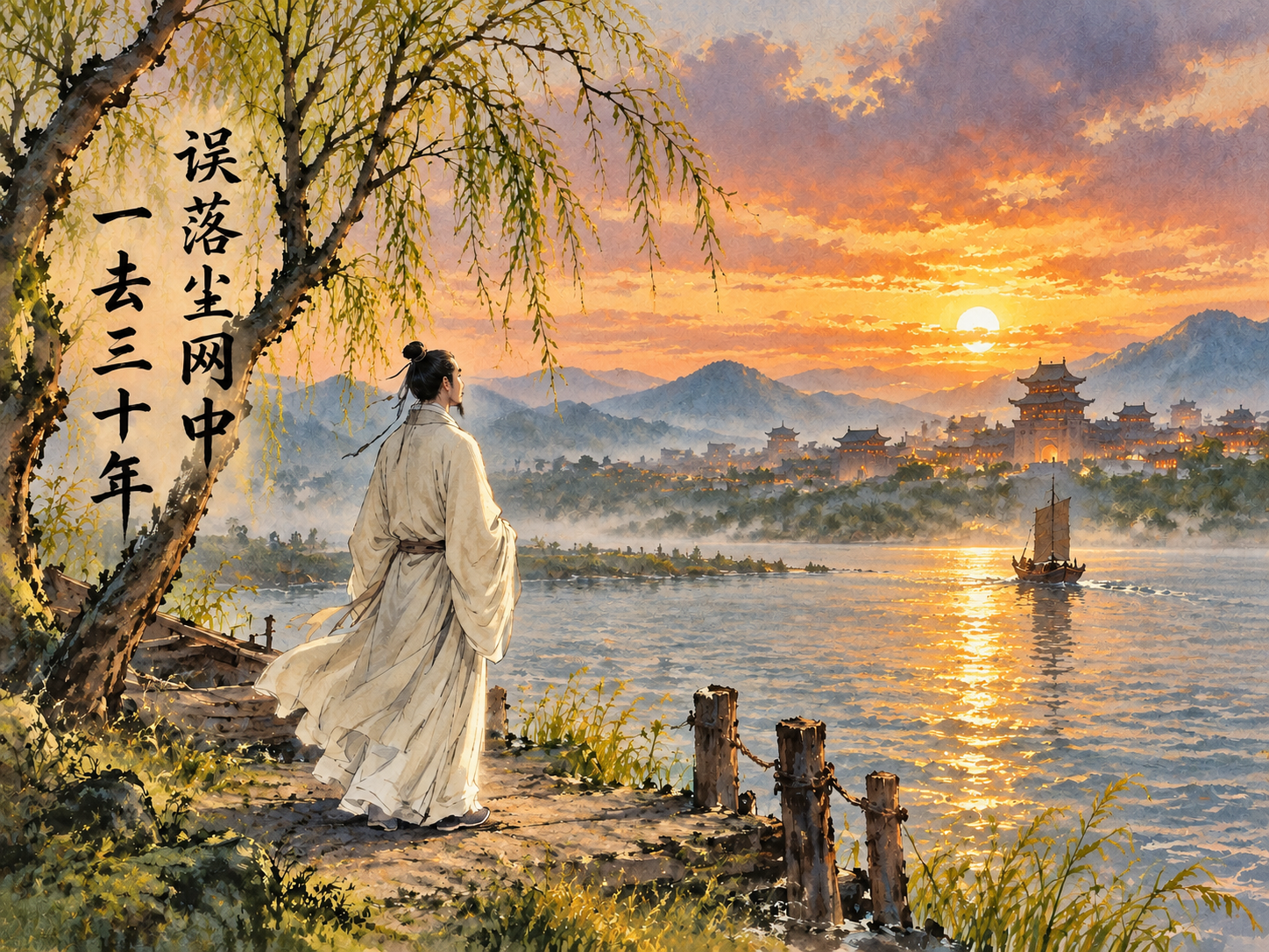将这张黑白水墨插画改为彩色，保留画面构图不变：古代男子站在江边… - 图片创意预览
