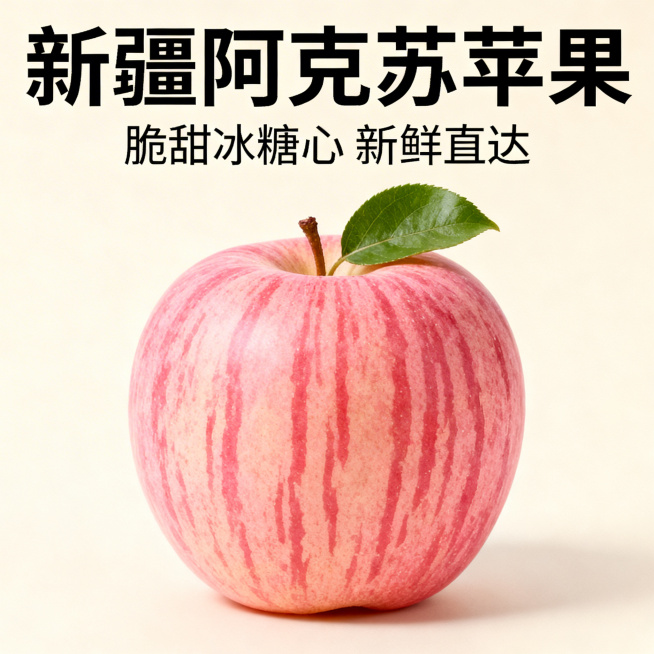 新疆阿克苏苹果电商主图，1:1比例，画面中是带着果叶的完整阿克苏苹果，表皮红粉相间带有清晰条纹，背景是纯净的浅米色，上方文字"新疆阿克苏苹果"，下方文字"脆甜冰糖心 新鲜直达"，字体醒目，整体风格简洁预览效果