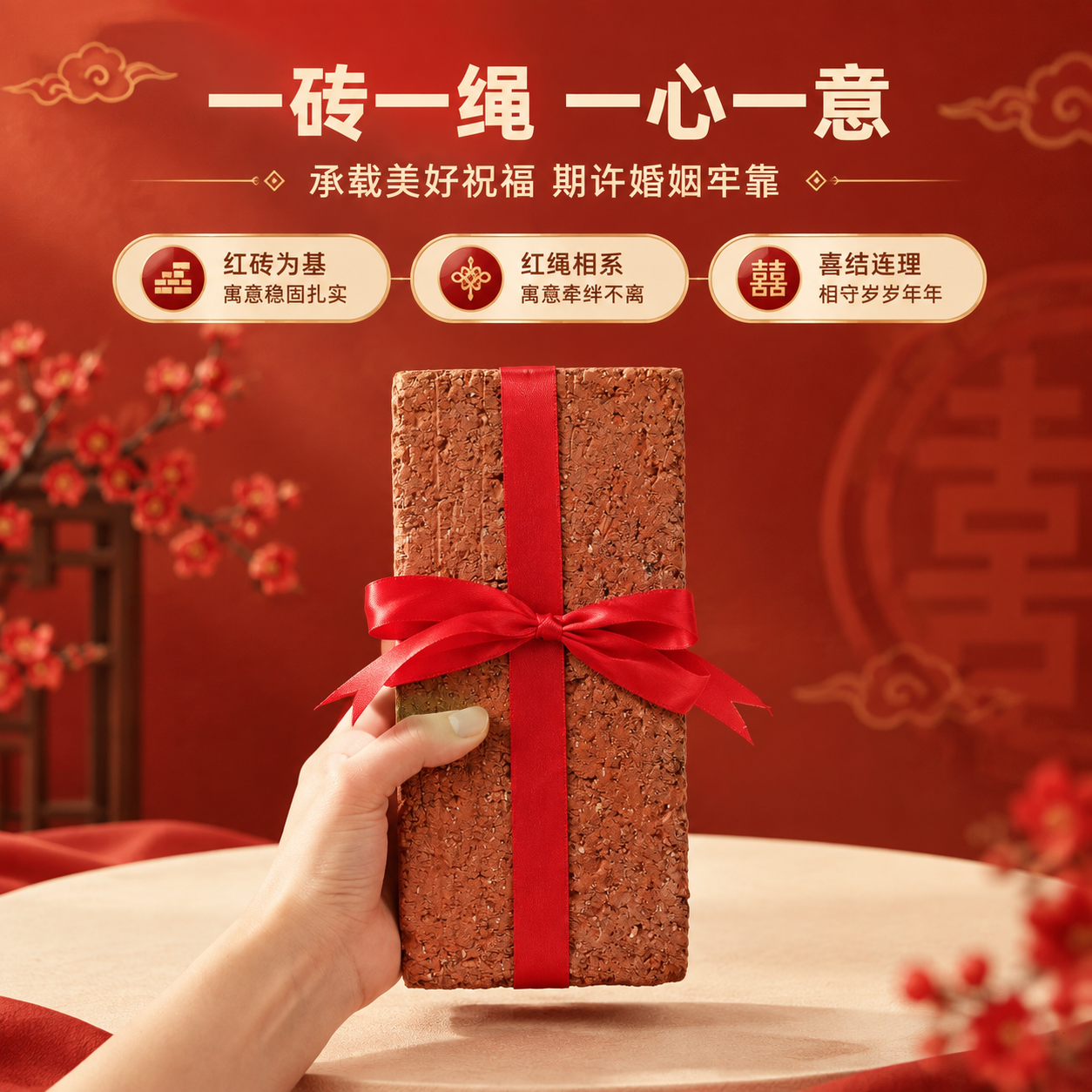 [商品] 使用【图2】红砖捆红绳婚房吉祥摆件（手持正面视角）；… - 图片创意预览