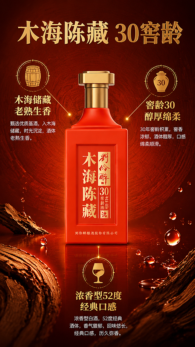 [第3张] 核心卖点页-木海陈藏30窖龄酒工艺亮点拆解。本张使用【图1】作为产品主体展示。
[氛围/风格] 高端品质感，中式工艺美学，暖橙金配色，商业摄影质感。
[元素布局] 画面中央放置酒瓶正面，占比约50%；四周向外引出三条卖点引线指向三个卖点区域；背景为深橙红色渐变，有木质纹理暗纹；酒瓶保持原图橙红色瓶身、金色瓶盖、木海陈藏30文字完全一致；周围点缀酒液滴、木纹元素装饰。
[光影质感] 正面柔光，瓶身立体感强，金色文字有高光，整体通透有质感。
[配色色系] 全局底色 #C00000深红渐变；主色橙红#CC3300；辅助色金色#D4AF37、米白#FFF8DC。
[视角构图] 中心产品+四周引线卖点，阅读动线从中心向外扩散。
[文字版式] 顶部大标题「木海陈藏 30窖龄」；三条引线卖点：左上「木海储藏 老熟生香」配木桶图标；右上「窖龄30 醇厚绵柔」配酒坛图标；下方「浓香型52度 经典口感」配酒杯图标；卖点文字宋体标题字色金色，正文米白色；文字不遮挡瓶身主体。
[比例分辨率] 9:16竖版比例，4K分辨率，文字清晰可辨，高清画质。
[负向提示词] 瓶身变形，颜色偏差，水印，文字错乱，产品图模糊，有人物出现，背景杂乱。