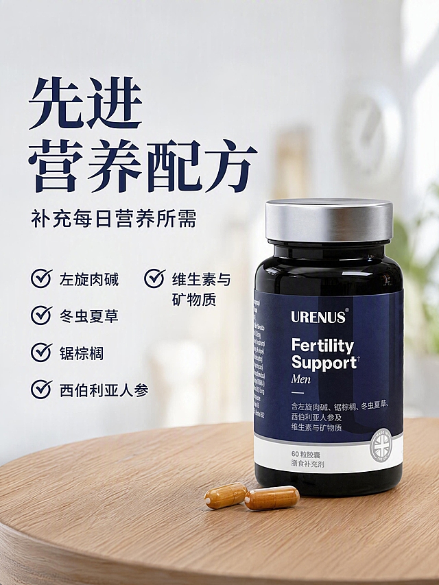 电商详情页先进配方页，高级营养混合配方。本张使用【图8】作为参考版式，【图2】作为产品瓶身参考，将所有英文翻译成中文重新排版。产品瓶身置于右侧木质桌面上，旁边散落两颗胶囊，背景为模糊的室内家居场景。左侧文字区：主标题大字「先进营养配方」，副标题「补充每日营养所需」。下方4个带对勾的核心成分：「左旋肉碱」「冬虫夏草」「锯棕榈」「西伯利亚人参」，右侧补充「维生素与矿物质」。浅灰蓝背景，温暖自然光感，专业高级风格，中文大字排版，有视觉冲击力，文字清晰。产品瓶身结构与原图一致，瓶身英文品牌名保留。