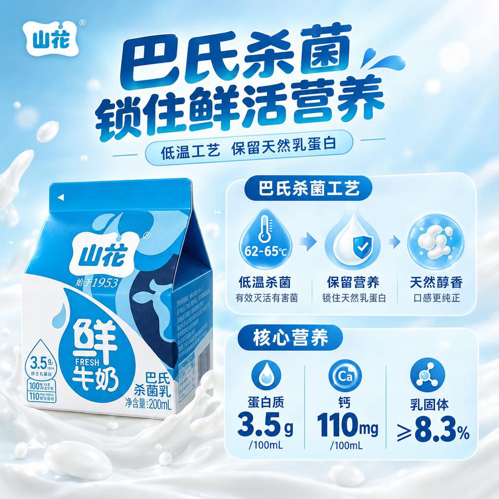 [商品] 使用【图2】山花巴氏鲜牛奶200ml屋顶盒包装；保留… - 图片创意预览