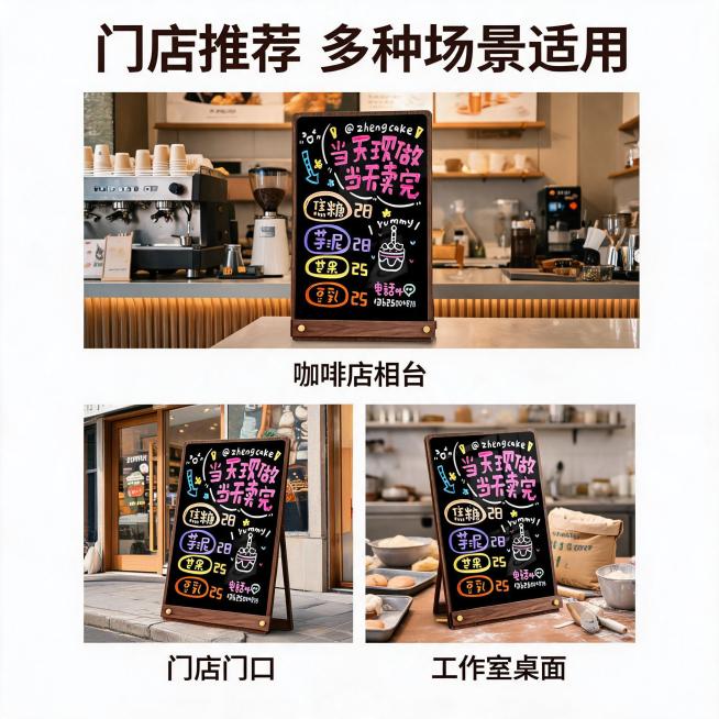 [主图-4] 小黑板多场景使用展示图
[氛围风格] 多场景生活化展示，自然真实
[画质] 商业摄影质感，光线自然通透，画面清晰干净高级
[元素] 上方主图展示小黑板在咖啡店柜台使用场景，下方两个小宫格预览效果