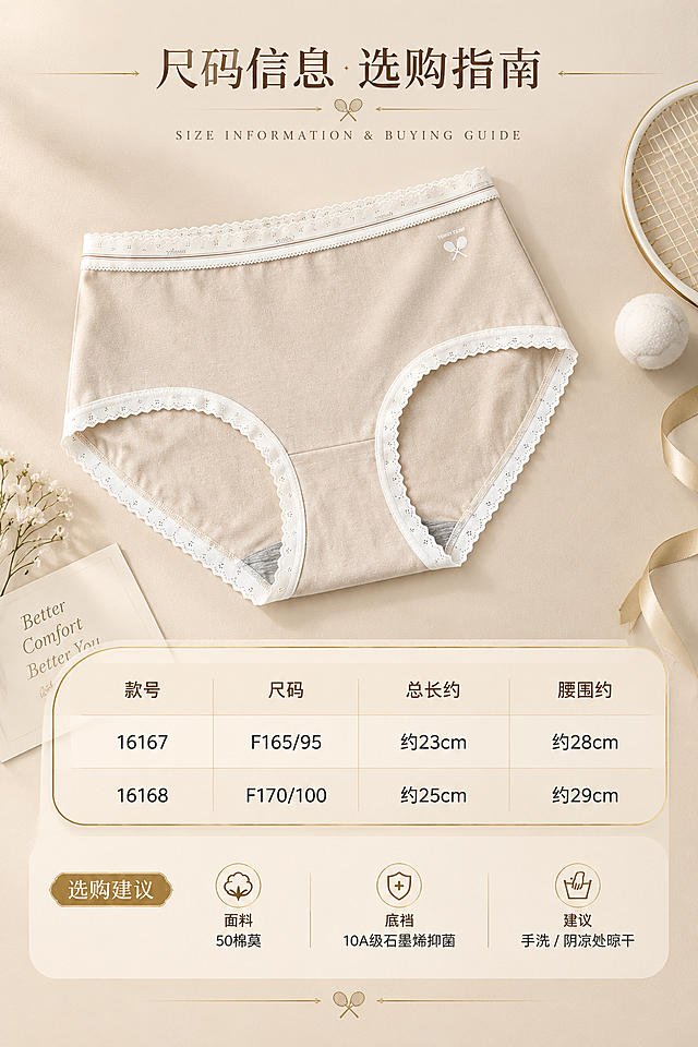 [商品] 使用【图4】+【图5】女士内裤；商品处理：保留中腰版型、蕾丝花边腰头、网球拍小标、颜色和面料纹理；去除"倾国秀"LOGO和底部文字；自然理顺褶皱，增强面料质感，不改变版型结构；选取米杏色内裤作为尺码页主展示款。
[画面] 目标：尺码参数与选购信息页；构图：左上方产品平铺图，右下方尺码信息表格，底部选购建议；景别：中景平铺+信息卡；阅读动线：从左上至右下；前景内裤平铺展示全貌，背景浅米色哑光质感，搭配金色细线和卡片装饰，简洁专业。
[视觉] 套系策略：风格=高级少女运动风商业摄影，浅米色+金色品牌质感；标题字=纤细优雅宋体衬线粗体；正文字=简洁无衬线体；主色=浅米色；背景延展=基于浅米色做深浅层级、同色渐变和细腻织物/哑光纸张质感；强调色=香槟金色，仅用于小面积图标、引线、标签装饰和标题描边；标题色=深暖棕；正文色=中暖灰；组件=圆角浅金信息卡、细金线引线、精致小图标；光影=左前侧暖柔光，柔和阴影，通透干净。
[文字] 上方主标题"尺码信息 选购指南"；下方表格含两款型号：「款号16167」F165/95 总长约23cm 腰围约28cm、「款号16168」F170/100 总长约25cm 腰围约29cm；底部选购建议：面料=50棉莫、底裆=10A级石墨烯抑菌、建议手洗/阴凉处晾干；文字全部横向排版，表格有金色细线分隔，清晰易读。
[规格] 图片比例2:3竖版，分辨率4K，质量medium；避免变形、错字、文字过小、冷蓝/冷灰背景、面料颜色改变、版型失真、低俗擦边、绝对化用语。