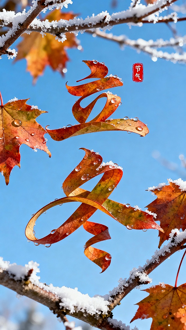 枫叶叶片拉长扭曲变形成”立冬” 二字，叶片上有晶莹的露珠点缀。背景是一片晴朗的蓝天，画面中穿插着带有冰霜和薄雪的树枝，营造出冬日温暖的氛围。“立冬” 文字位于图像的中上部，红色小印章”节气“点缀，整体画面色彩明亮，富有创意，突出立冬节气的主题