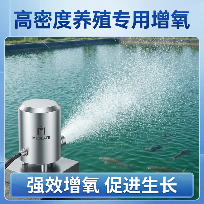 [主图 4] 微纳米气泡水产养殖场景应用
[氛围风格] 专业实景合成风格，科技感和实用性结合，和整套风格统一
[画面元素] 商业摄影质感、光线柔和通透、产品清晰真实、画面干净高级。微纳米气泡设备放置在预览效果