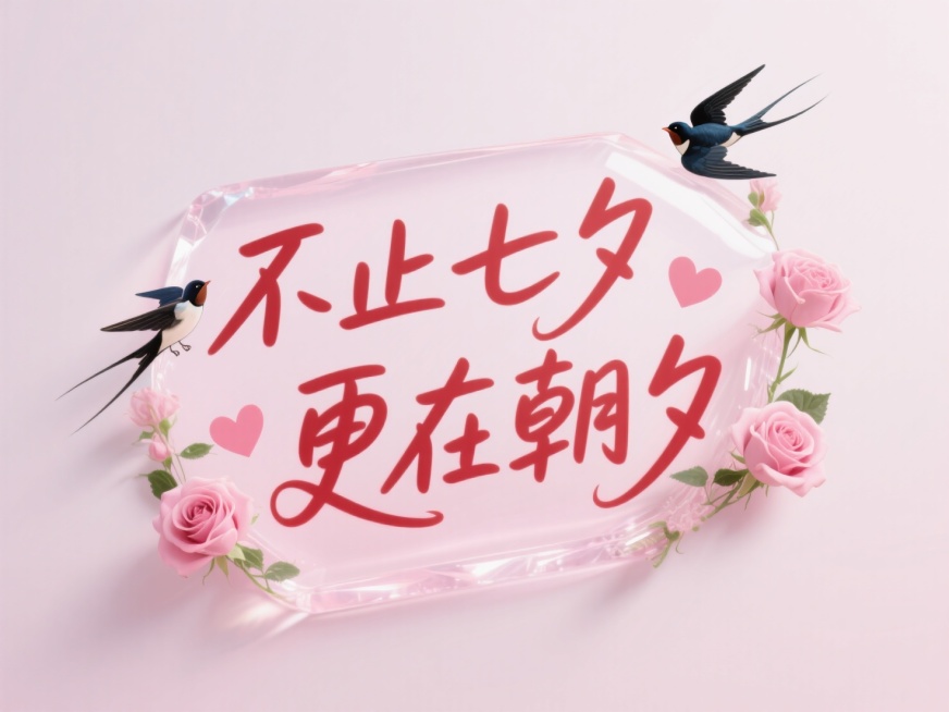 文字“不止七夕 更在朝夕”，文字穿插点缀爱心和两只喜鹊、字体间缠绕粉色玫瑰花朵。高级感，淡粉水晶底色红字，可爱字体。预览效果
