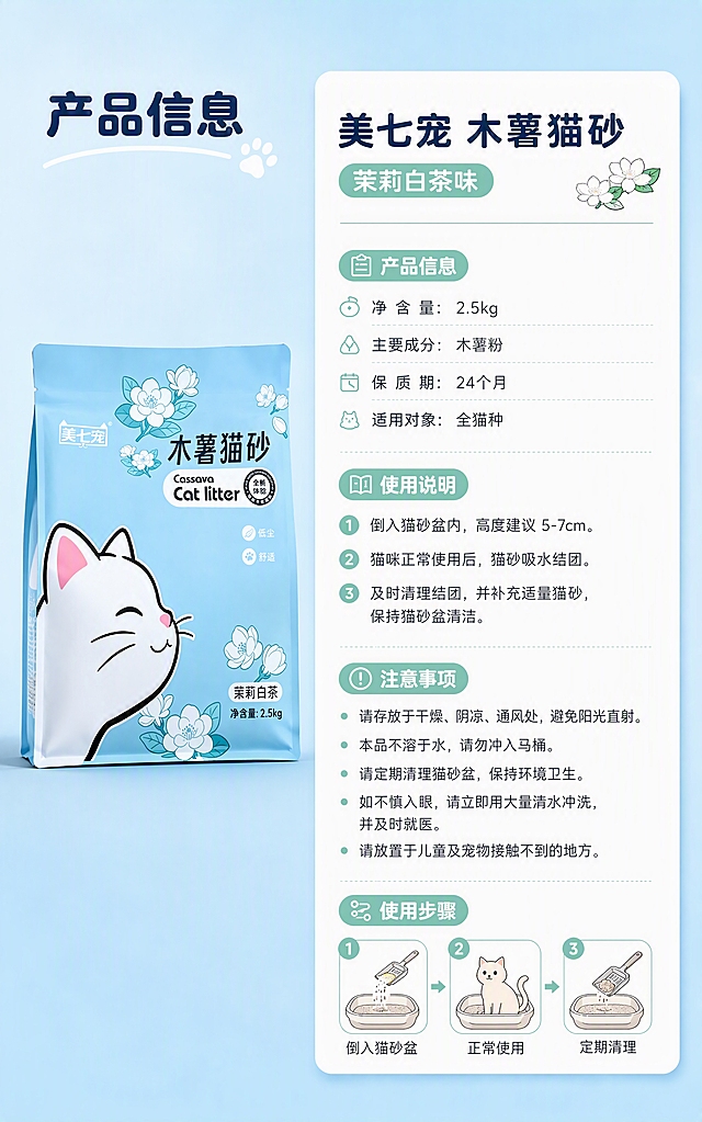 [商品] 使用【图1】美七宠木薯猫砂包装袋；保留所有包装外观、颜色、Logo和文字；本页产品包装放在左侧，右侧为参数信息卡。
[画面] 页面目标：产品参数规格页，展示净含量、材质、适用猫种、使用方法等基础信息，帮助用户全面了解产品。构图：左右分栏，左侧产品图，右侧参数信息卡。景别：产品为中景，信息卡为信息密集型排版。左侧约占画面40%：美七宠木薯猫砂包装袋正面立放，完整展示，下方有柔和接触阴影。右侧约占60%：一个大的白色圆角参数卡，卡片内分多个小区块展示信息。顶部是产品名称区，下方分「产品信息」「使用说明」「注意事项」三个小区块，每个区块有小标题和条目式内容。卡片底部有一个小的使用步骤示意图：倒砂→使用→清理。背景：浅天蓝色渐变，简洁干净，突出参数卡。
[视觉] 套系策略：风格=清新治愈宠物用品商业摄影风；标题字=圆润粗圆体；正文字=简洁无衬线黑体；主色=浅天蓝色；背景延展=基于浅天蓝色做均匀浅渐变；强调色=薄荷绿+茉莉白，用于小标题和图标点缀；标题色=深海军蓝；正文色=深灰色；组件=白色圆角参数卡、分区细线、圆润小图标、步骤序号；光影=柔和均匀光，参数卡有轻微投影，产品立体感强，整体干净清晰。
[文字] 左侧产品上方写「产品信息」，圆润粗圆体，深海军蓝色。右侧参数卡顶部产品名「美七宠 木薯猫砂 茉莉白茶味」，粗体深海军蓝。「产品信息」区块包含：净含量2.5kg、主要成分木薯粉、保质期、适用对象全猫种等条目。「使用说明」区块包含简单三步使用说明。「注意事项」区块包含存放和使用注意事项。底部步骤图标配文字：「倒入猫砂盆」「正常使用」「定期清理」。所有文字横排，左对齐，字号适中，手机端清晰可读，信息层级分明。
[规格] 比例5:8竖版，4K高清，禁止变形、错字、文字过小、虚假参数、极限词、平台Logo、水印。